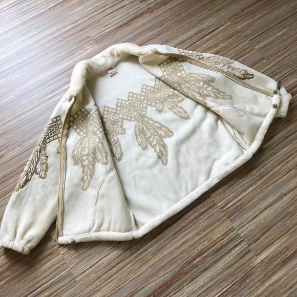 Milton Funwear Plush Fleece Jacket Cream & Beige Feather Design Oversized 90s - Picture 7 of 9